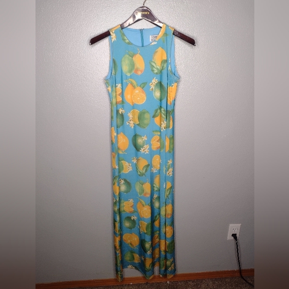 Chetta B Women's Lemon Lime Maxi Dress 2 Blue Sleeveless Lined Tropical HH - Picture 1 of 7